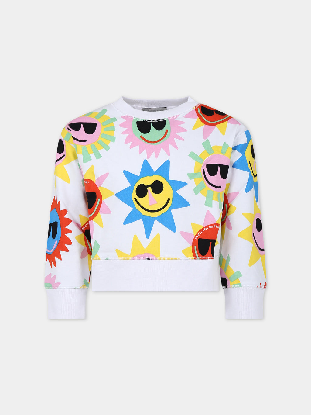 White sweatshirt for girl with multicolor sun print
